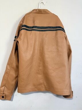 Men's Tan Faux Leather Bomber Jacket with Black Stripe
